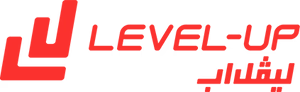 شعار Level-Up باللون الأحمر مع نص ليڤل أب باللون الأحمر